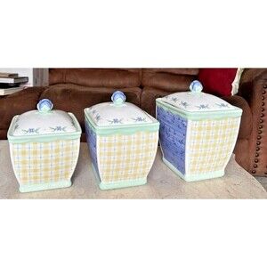 Pfaltzgraff "Summer Breeze" Canisters Lids Set of 3 Blue Yellow White Flowers